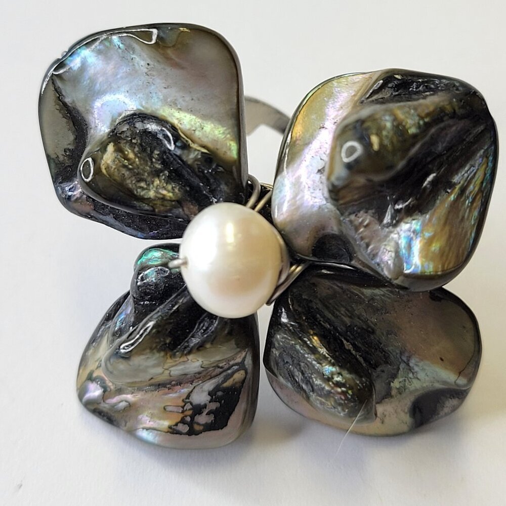 Genuine White Pearl Adjustable Ring with green hues